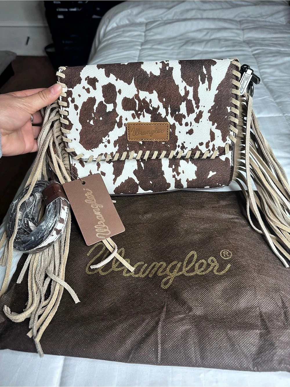Wrangler Cow Print Fringe Crossbody Bag Brown & White